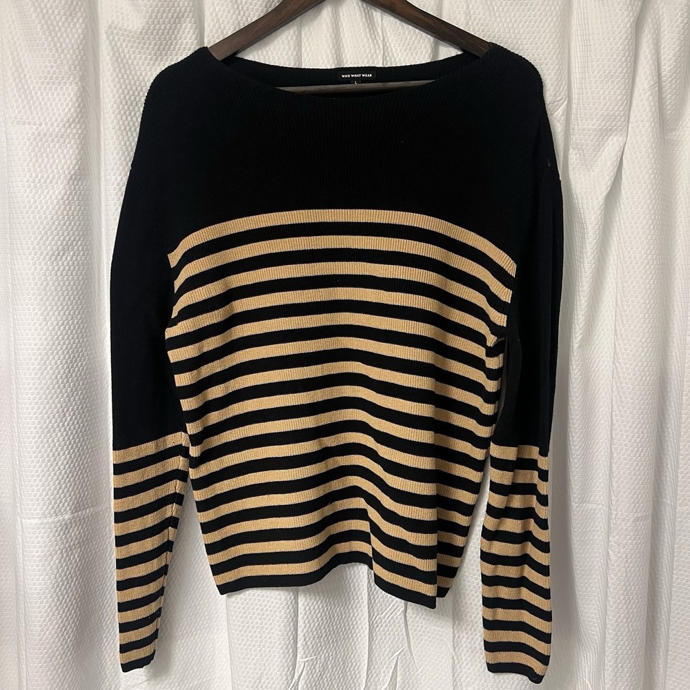 Who What Wear Women's Tan & Black‎ Striped Sweater LS Boat Neck Size Large New